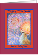 happy new year, corgi, dog, fireworks, from all of us, card