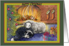 merry christmas, border collie dog, sheep, fire, green border, card
