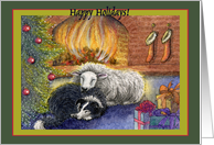 happy holidays, border collie dog, sheep, fire, green border, card