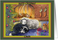 merry christmas cousin, border collie dog, sheep, fire, green border, card