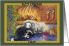 merry christmas cousin, border collie dog, sheep, fire, green border, card