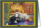 merry christmas dad, border collie dog, sheep, fire, green border, card