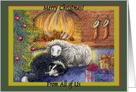 merry christmas from all of us, border collie dog, sheep, fire, green border, card