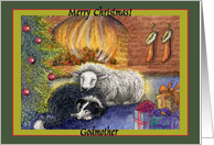 merry christmas godmother, border collie dog, sheep, fire, green border, card