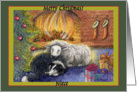 merry christmas niece, border collie dog, sheep, fire, green border, card