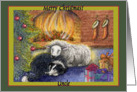 merry christmas uncle, border collie dog, sheep, fire, green border, card