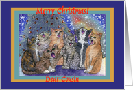 merry christmas cousin, cats, singing, card