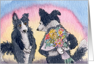 Border Collie Dog with Bouquet of Flowers as a Gift card