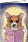 dog, corgi, bookworm, blank card, card