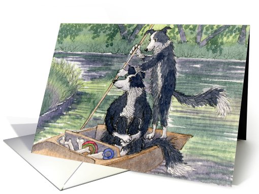 border collie, dog, messing about on the river, blank card, card