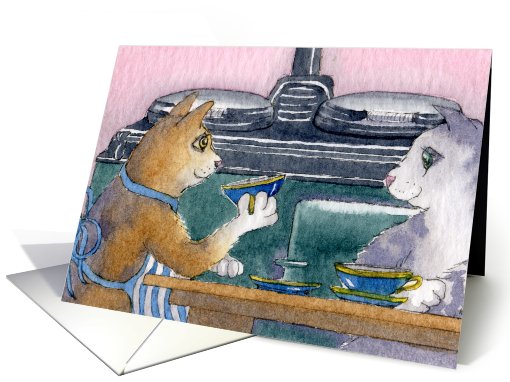 Kitchen cats drinking tea card (799412)