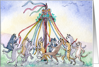 Cat maypole dancing card