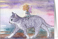 Fairy riding a cat to save her wings card