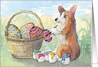 Welsh Corgi dog painting Easter eggs. card