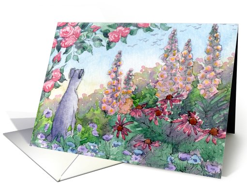 Greyhound dog sitting in middle of garden flowers. Thinking. card