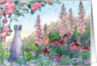 Greyhound dog sitting in middle of garden flowers. Thinking. card