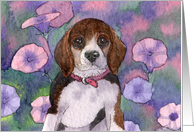 Beagle puppy in the petunias card