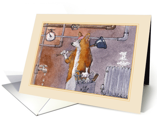 Pembroke Welsh Corgi dog plumber going to work card (893730)