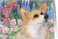 Corgi dog thinking higher thoughts in the flower bed card