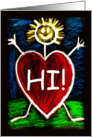 HI! Smiling Heart Stick Figure in Bright Crayon Colors on Black card