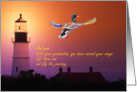 Graduation, Antonio, Mallard Takes Flight by the Lighthouse at Sunrise card