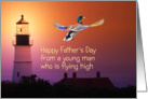Father’s Day, Pre-Adoptive Dad, Mallard Takes Flight by Lighthouse at Sunrise card