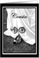 Cousin be my Matron of Honour Wedding Dress and Shoe card
