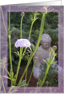 Garden Buddha with blue lace flower card