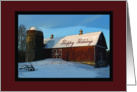 Snow Covered Red Barn Happy Holidays card