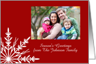 Season’s Greetings Holiday Photo Card Red and White Snowflake card