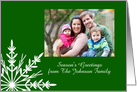 Season’s Greetings Holiday Photo Card Green and White Snowflake card