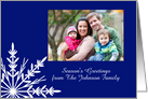 Season’s Greetings Holiday Photo Card Blue and White Snowflake card