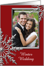 Winter Wedding Save the Date Photo Card, Silver Tone & Red Snowflake card