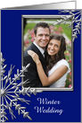 Winter Wedding Save the Date Photo Card, Silver Tone & Blue Snowflake card