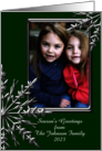 Season’s Greetings Photo Card Green and Silver Tone Snowflakes card