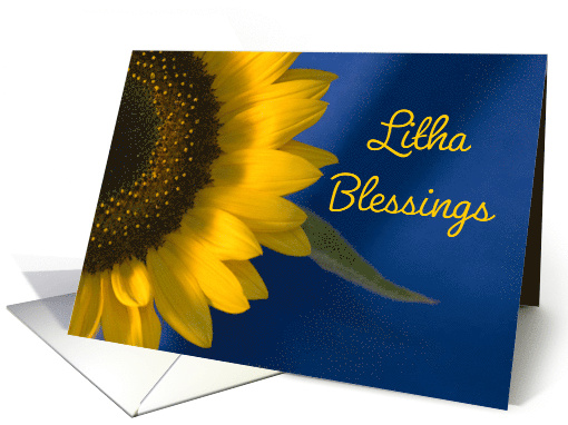 Litha Summer Solstice Blessings Yellow Sunflower on Blue card