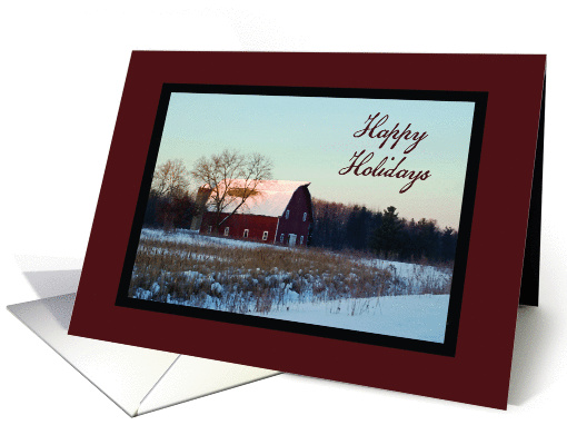 Snow Covered Red Barn Happy Holidays card (669325)