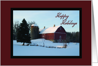 Snow Covered Red Barn Happy Holidays card