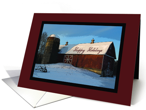 Snow Covered Red Barn Happy Holidays card (669329)
