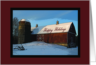 Snow Covered Red Barn Happy Holidays card