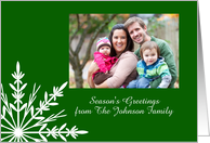 Season’s Greetings Holiday Photo Card Green and White Snowflake card