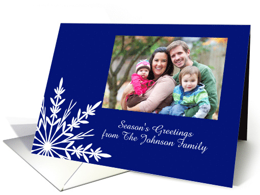 Season's Greetings Holiday Photo Card Blue and White Snowflake card