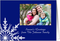 Season’s Greetings Holiday Photo Card Blue and White Snowflake card