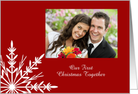 Our First Christmas Together Holiday Photo Card Red White Snowflake card