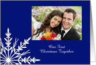 Our First Christmas Together Holiday Photo Card Blue White Snowflake card
