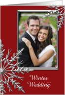 Winter Wedding Save the Date Photo Card, Silver Tone & Red Snowflake card