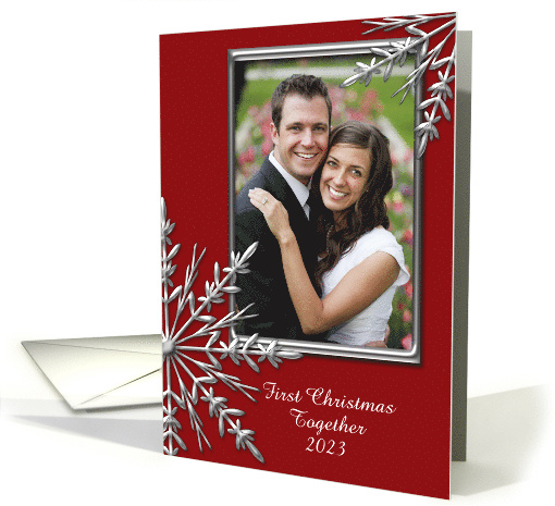 First Christmas Together Photo Card, Silver Tone & Red Snowflake card