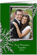 First Christmas Together Photo Card, Silver Tone & Green Snowflake card