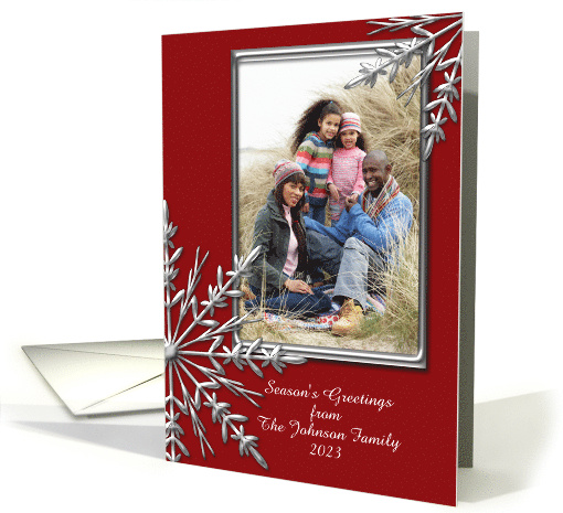 Season's Greetings Photo Card, Silver Tone & Red Snowflake card
