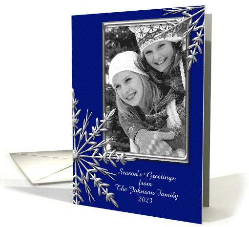 Season's Greetings Photo Card Blue and Silver Tone Snowflakes card